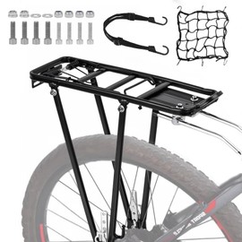 WJMY Bicycle Rear Pannier Rack, Adjustable Pannier Rack, Mountain Bike for 24-28 Inches, Aluminium Alloy, 35 kg Load Capacity, for MTB, Road Bike, with Net and Rope
