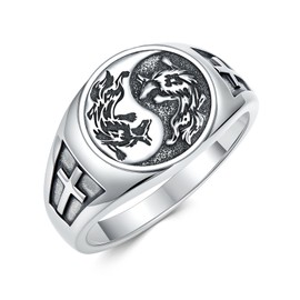 SIMONLY Wolf Ring 925 Sterling Silver Yin Yang Ring Witcher Medallion Cross Rings for Men Viking Wolf Jewelry Christmas Birthday Gifts Unisex_Size 10