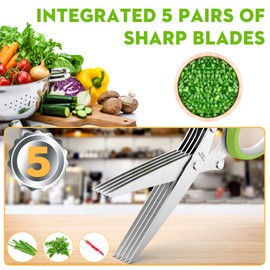 Herb Scissors Set - Updated 2025 Cool Kitchen Gadgets for Cutting Fresh Garden Herbs - Herb Cutter Shears with 5 Blades and Cover, Sharp and Anti-rust Stainless Steel, Dishwasher Safe (Green-White)