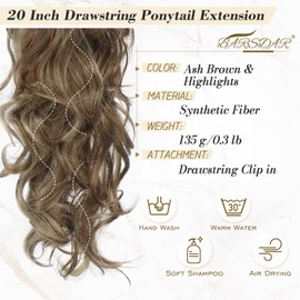 BARSDAR Highlight Ponytail Extension - 20 Inch Curly Wavy Drawstring Ponytail Hair Extensions for Women - Synthetic Clip in Pony Tails Hairpieces Fake Ponytails- Ash Brown & Blonde