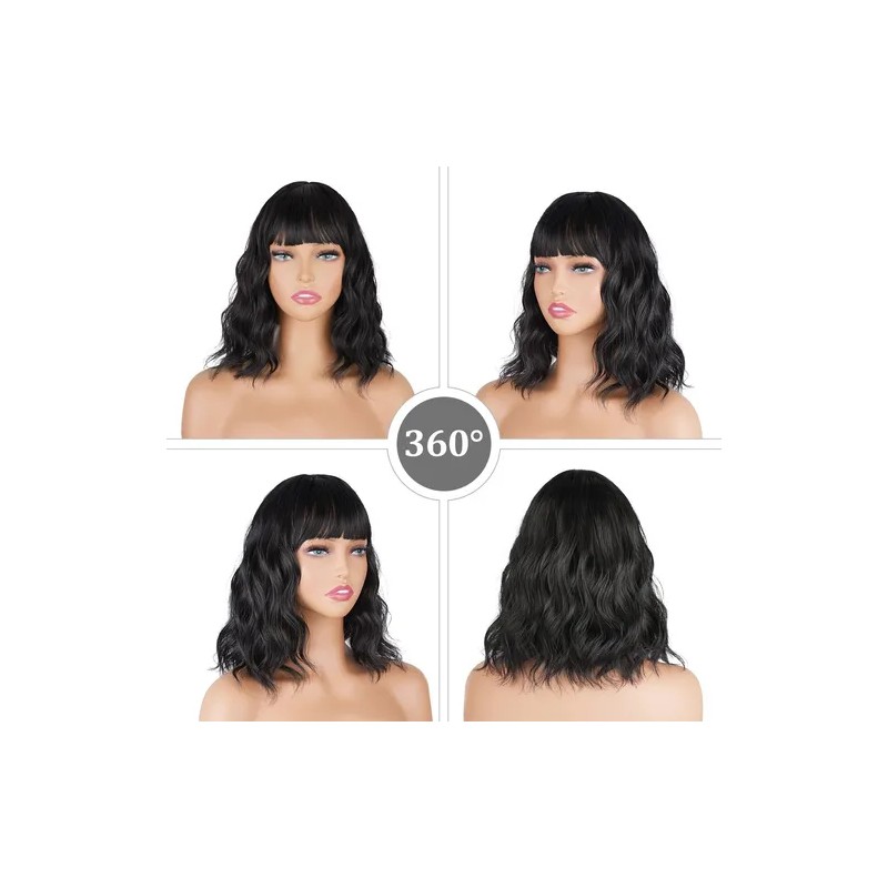 Pelucas Para Mujer Ondulada Corto Pelo Negra Cabello Natural