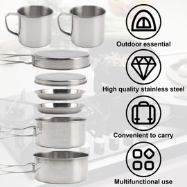 Camping Cookware Set for 2-3 People 8pcs Camping Cookware Cooking Kit Portable Stainless steel Cooking Set Pots Pan Plates Set for Hiking Camping Picnic