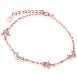Yumilok 925 Sterling Silver Cubic Zirconia Rose Gold Plated Women Charm Bracelet Bling Stars Moons Link Bracelet Hand Chain with Extension