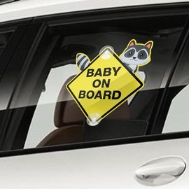ASSURED SIGNS Baby On Board Sign with Suction Cups,Baby Safety Warning Decal for Cars- Bright Yellow, Durable and Strong Suction (raccoon baby on board)