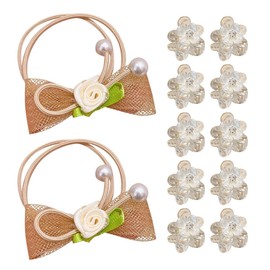 Pack of 10 Transparent Flower Hair Clips with 2 Pieces Bow Hair Ties, Bright Flower Hair Clips, Cute Hair Clips for Girls, Cute Pony Hair Clips, Non-Slip Hair Clips