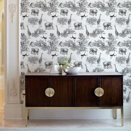 MAGAFA Peel and Stick Wallpaper - Giraffe and Elephant Black/White Forest Animals Vintage Contact Paper for Kids Room and Old Furniture Renovation (17.7' x 236.2')