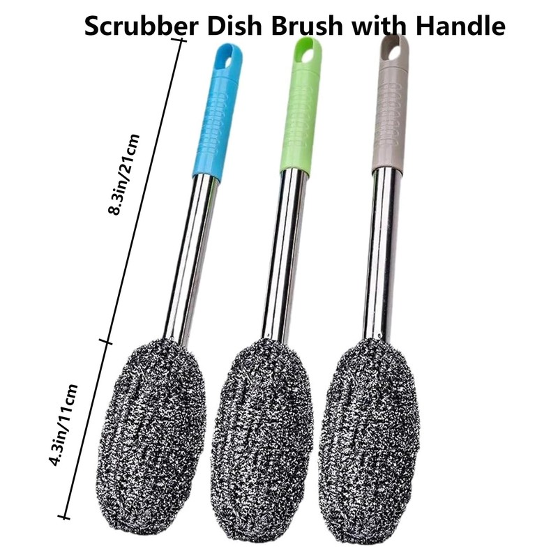 3-Pack Steel Wool Scrubber with Long Handle, Kitchen Dishwashing Pot