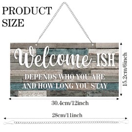 Funny Welcome Sign Front Door Sign Welcome-ish Hanging Sign 12 x 6 Inch, Rustic Welcome Wall Decor Farmhouse Door Decor for Home Porch Decor Entryway (White Words with Light Blue and Grey Base)