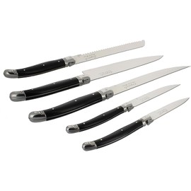 French Home Laguiole 5-Piece Black Kitchen Knife Set with Stainless Steel Blades – Magnetic Wood Stand – Elegant and Durable Chef, Carving, Bread, Utility & Paring Knives for Everyday Prep and Display