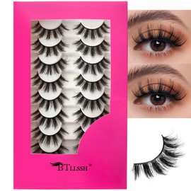 BTLLSSH 8Pair 3D5D 0.82INCH Thick False Eyelashes Fluffy Natural Look Faux Mink Lashes Volume Cat Eye Fake Eyelashes Lashes Extension with Dark Pink Box