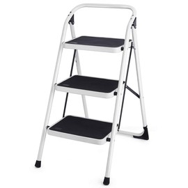 Goplus 3 Step Ladder, Folding Heavy Duty Step Stool Lightweight Steel Ladder with Handgrip and Wide Anti-Slip Platform for Kitchen Shop, 340lbs Capacity (Black)
