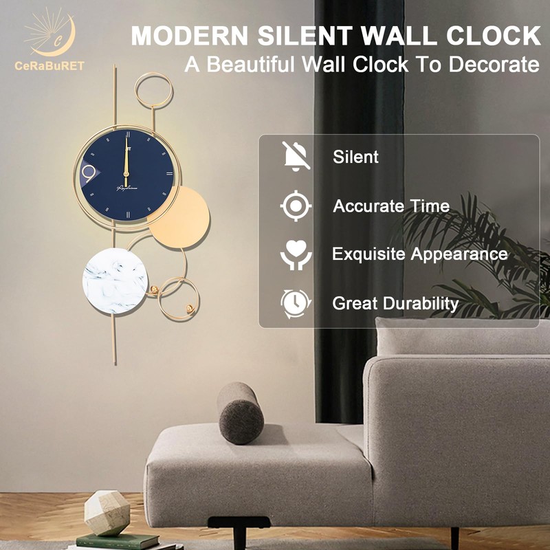 Blue And Gold Wall Clocks W/Hook 30" Large Wall Clock