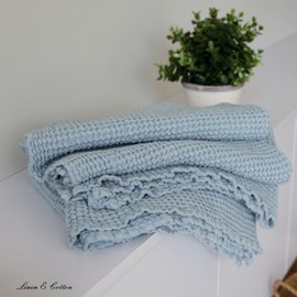 Linen & Cotton Extra Soft Washed Waffle Towel EZRA, 48% Linen, 52% Cotton - 80 x 100cm (32'' x 40''), Sky Blue