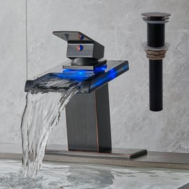 AVSIILE LED Bathroom Sink Faucet, Oil Rubbed Bronze Waterfall Single Hole Handle Vanity Faucets for Sinks 1 Hole with Metal Pop Up Drain and 2 Water Supply Lines, Open Glass Spout