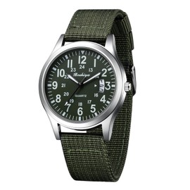 BOSHIYA Analog Military Watches for Men Sports Waterproof Mens Watches for Army Tactical Field, Luminous 12/24Hr Display with Green Nylon Strap