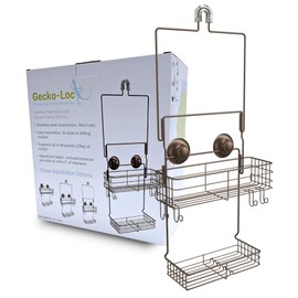 Gecko-Loc Extra Long Wide Adjustable Length over the showerhead hanging shower caddy organizer - for Shampoo, Soap, & Razors - Durable Rust-Resistant - Bronze