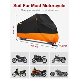 Puroma Motorcycle Cover, XX-Large Waterproof Motorbike Cover Outdoor Indoor Scooter Shelter Protection with 4 Reflective Strips for Harley Davidson, Honda, Suzuki, Kawasaki, Yamaha (Black & Orange)