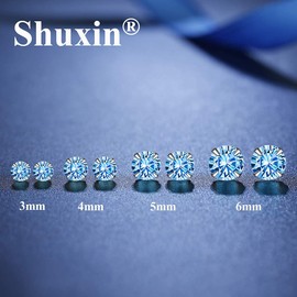 Shuxin Unisex Silver Stud Earrings, 925 Sterling Silver And Cubic Zirconia Stud Earrings, Small Sleepers, Cartilage Earrings With 5A Cubic Zirconia, 8 Different Colours, Sizes: 3, 4, 5, 6 mm, Set of 4 Pairs, Silver, Aquamarine Blue