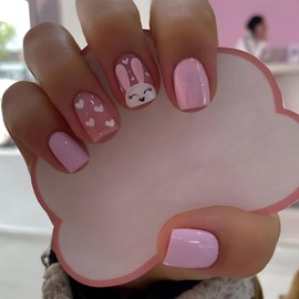 Easter Bunny Press On Nails - Short, Square, Pink False Nails with Bunny Heart Designs, Coffin Tip, Full Cover, Glue On, Stick On, for Women & Girls