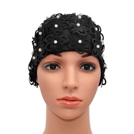 Medifier Hollow Flowers Pearls Sewn by Hand Women's Ladies Swimming Hat Swim Cap Bathing Cap (Black)