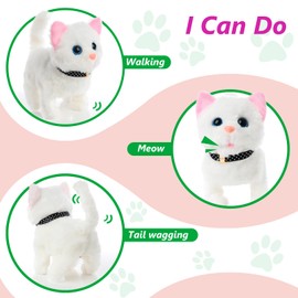Electronic Interactive Plush Cat- Battery Operated Mechanical Walking Little Pet Kitten with a Cute Bag, Meow Tail Wagging, Stretching Companion Animal for Toddlers & Kids (White)