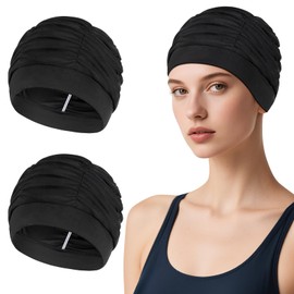 Kiiwah Pack of 2 Women's Swimming Caps, Breathable Swimming Cap, Elastic Polyester Fabric Swimming Cap for Women, Thick, Long Hair, Summer, Beach, Holiday, Indoor Pool