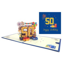 scicent Birthday Card Pop Up Mother's Day, 3D Greeting Card with Envelopes Message Note for Women Men (50th Happy Birthday) - 50th