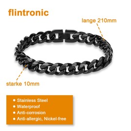 flintronic Men's Stainless Steel Bracelet, Curb Chain Bracelet for Men / Boys, Heavy Links, Cuban Link Bracelet, Bangle, Hip Hop Rapper Fashion Jewellery, 10 mm Wide / 21 cm Long, Stainless Steel