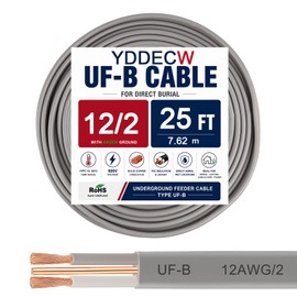 YDDECW 12/2 UF-B Wire - 25FT 100% Pure Copper 12AWG 2 Connector Direct Burial Electrical Cable 12 Gauge for Underground Feeder Wet or Corrosive Locations Indoor & Outdoor etc