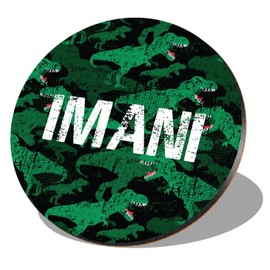 1 x Round Coaster - Name Imani TRex Dinosaur Tyrannosaurus Texture Letter Lettering Initial Cork Backed MDF Glossy Tea Coffee Accessory #260228