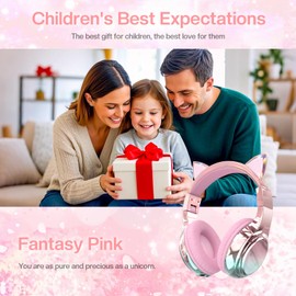QearFun Kids Cat Ear Bluetooth Headphones, 60H Playtime, 3-Level 74/85/94dB Safe Volume Limit, Wireless Headset with Mic for Girls, Bluetooth 5.3, Foldable for School/Travel/Tablet - Pink