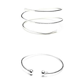 HUNO Minimalist Metal Punk Spiral Coil Upper Arm Cuff Open Arm Bracelet Armlet Adjustable Hammered Wrap Armband Bangle for Women-2pcs silver