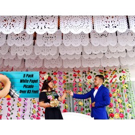 Mexican Party Decorations, 5 Pk White Papel Picado Banner Over 83 Feet Long, for Wedding Decorations, quinceañeras, Birthdays, Mexican Paper Wedding Flags on String WS93