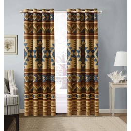 Austin Rustic Western Southwest Native American Window Treatment Grommet Curtain Set in Beige Taupe Brown Blue and Green Colors - Austin Curtains (Taupe, Microfiber)