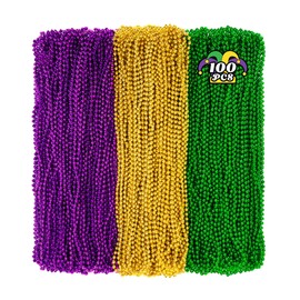 100 PCS Mardi Gras Beads, 33" Mardi Gras Beads Necklaces Bulk, Round Purple Gold Green Beads Bulk, Parade Throw Accessories Set Carnival Mardi Gras Party Supplies Favors Decorations