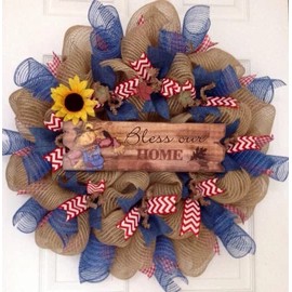 Bless Our Home Autumn Deco Mesh Wreath With Scarecrow And Sunflower