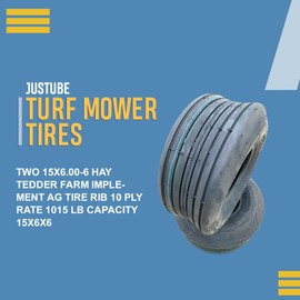 Two 15x6.00-6 Hay Tedder Farm Implement Ag Tire Rib 10 Ply Rate 1015 Lb Capacity 15x6x6, Ideal for Agricultural Implements, Ribbed Design for Optimal Traction