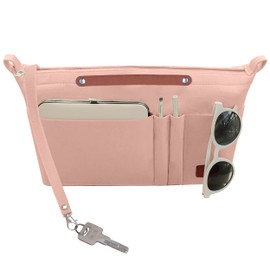 Soyizom Purse Organizer Insert Bag Organizer for Handbags Insert Tote, Felt Purse Organizer with Zipper and Keychain Bag in Bag Fits for Neverfull Speedy Alma ONTHEGO Book Tote and More(Pink,Medium)