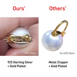 OwMell Elegant 925 Sterling Silver Pearl Drop Earrings Dangle Stud Gold Plated Earrings for Women Large Size 12mm - Gold