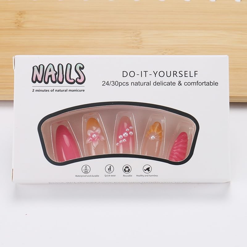 24Pcs Pink Flower Press on Nails Short Almond Fake Nails