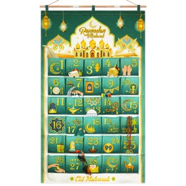 DPKOW 30 Ramadan Calendar with Pockets, Reusable Fabric Ramadan Advent Calendar Empty to Fill Hanging for Wall Home Ramadan Decoration, Ramadan Countdown Calendar for Gifts, Green Gold