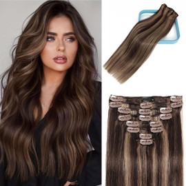 LORIEN Clip in Hair Extensions Real Human Hair, 22 Inch 110g, 2/6 Dark Brown to Chestnut Brown, Clip in 100% Brazilian Remy Human Hair Extensions 8pcs Per Set with 18 Clips Double Weft