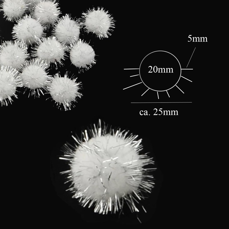 Plush Pompoms with Silver Glitter, Round Pompom, White Colour Set,