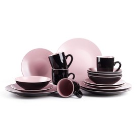 HomeVss Stoneware Two-Tone Colors Life 16pc Dinner Set，Outside Shiny Black + Inside Matte Glaze Rose