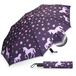 MorLuks Children's Reflective, Pocket Umbrella with Reflective Band, Children's Umbrella for School Bag, for Girls and Boys, Horses