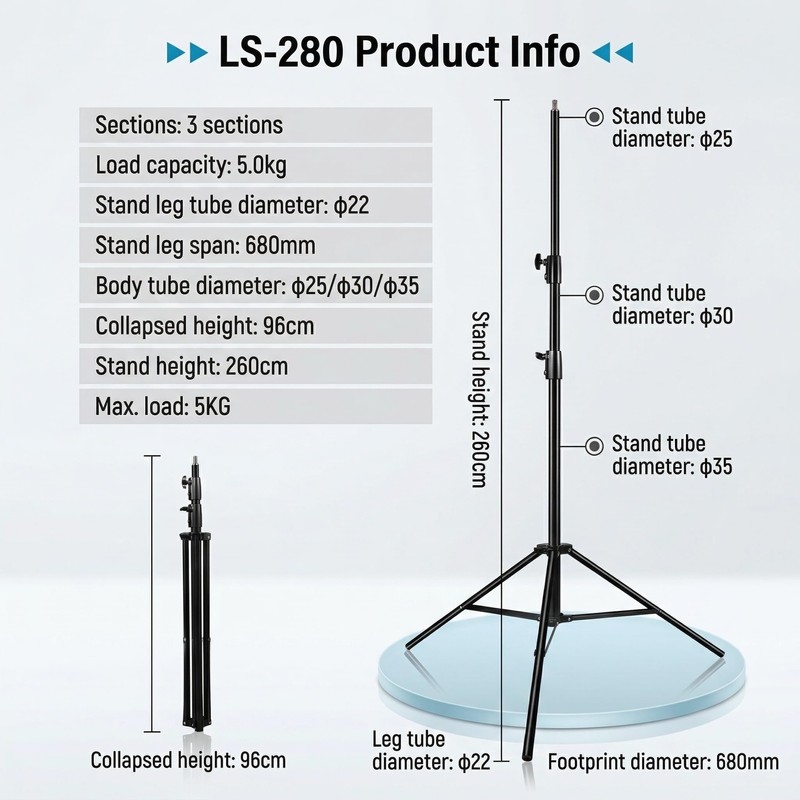 NiceFoto SL-280B Studio Light Stand Professional Grade 260cm Adjustable Tripod