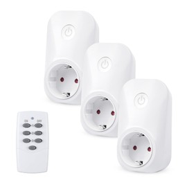 HBN Wireless Socket with Remote Control 3680 W, 3 Sockets + 1 Handheld Transmitter, Remote Controlled Plug for Indoor, Self-Learning Function, Range 30 m, White