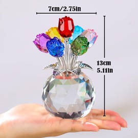 Arikyrist Crystal Colorful Rose Bouquet Figurine with Round Vase, Glass Rose Flower Romantic Gifts for Her Mom on Birthday, Collectible Decoration Table Centerpiece for Home