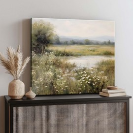 B.B.F MAKE Framed Canvas Wall Art Rustic Daisy Flower and Stream Oil Painting Vintage Cottagecore Field Landscape Print Farmhouse Country Home Wall Decor for Living Room Bedroom Bathroom, 20x24inch