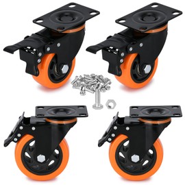 3 Inch Heavy Duty Plate Swivel Caster Set of 4 Wheels with Safety Brakes,PVC Wheels,No Noise Non-Marking,Load 1800 Lbs